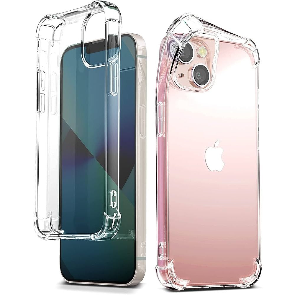 Husă antisoc iPhone 15 Plus transparentă, vedere completă față-spate, set protecție