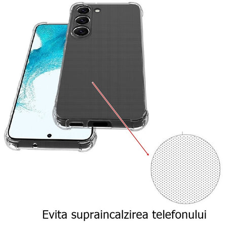 Husă Samsung A14 5G transparentă din TPU flexibil, detaliu colț ranforsat cu airbag