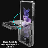 Husă PC transparentă Samsung Z Flip 5, vedere laterală, decupaje butoane și port USB-C