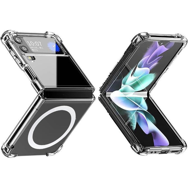 Husă transparentă Samsung Galaxy Z Flip 5 cu suport MagSafe, vedere frontală, decupaj mare cameră