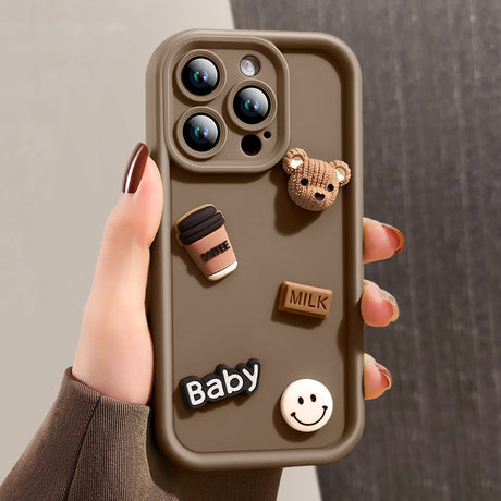 Husa de Protectie, Vivimall, pentru Apple iPhone 15 Pro, Model Ursuleti 3D, Antisoc, Rezistenta la Impact, Protectie Camera, Maro - vivimall.ro