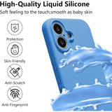 Husă iPhone 16 Liquid Silicone albastru, detaliu finisaj mat anti-amprentă