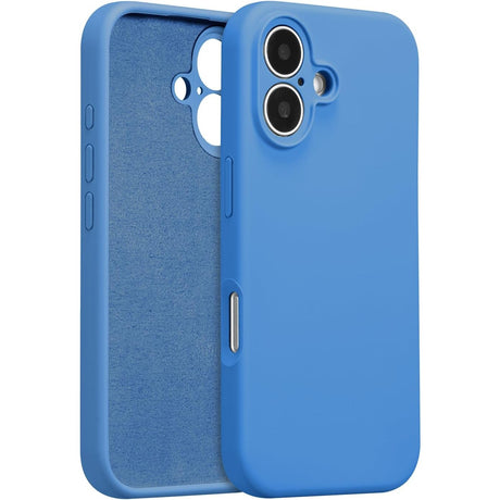 Husă iPhone 16 Liquid Silicone albastru, vedere frontală, margini ridicate antisoc