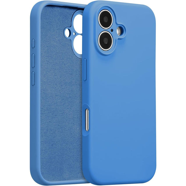 Husă iPhone 16 Liquid Silicone albastru, vedere frontală, margini ridicate antisoc
