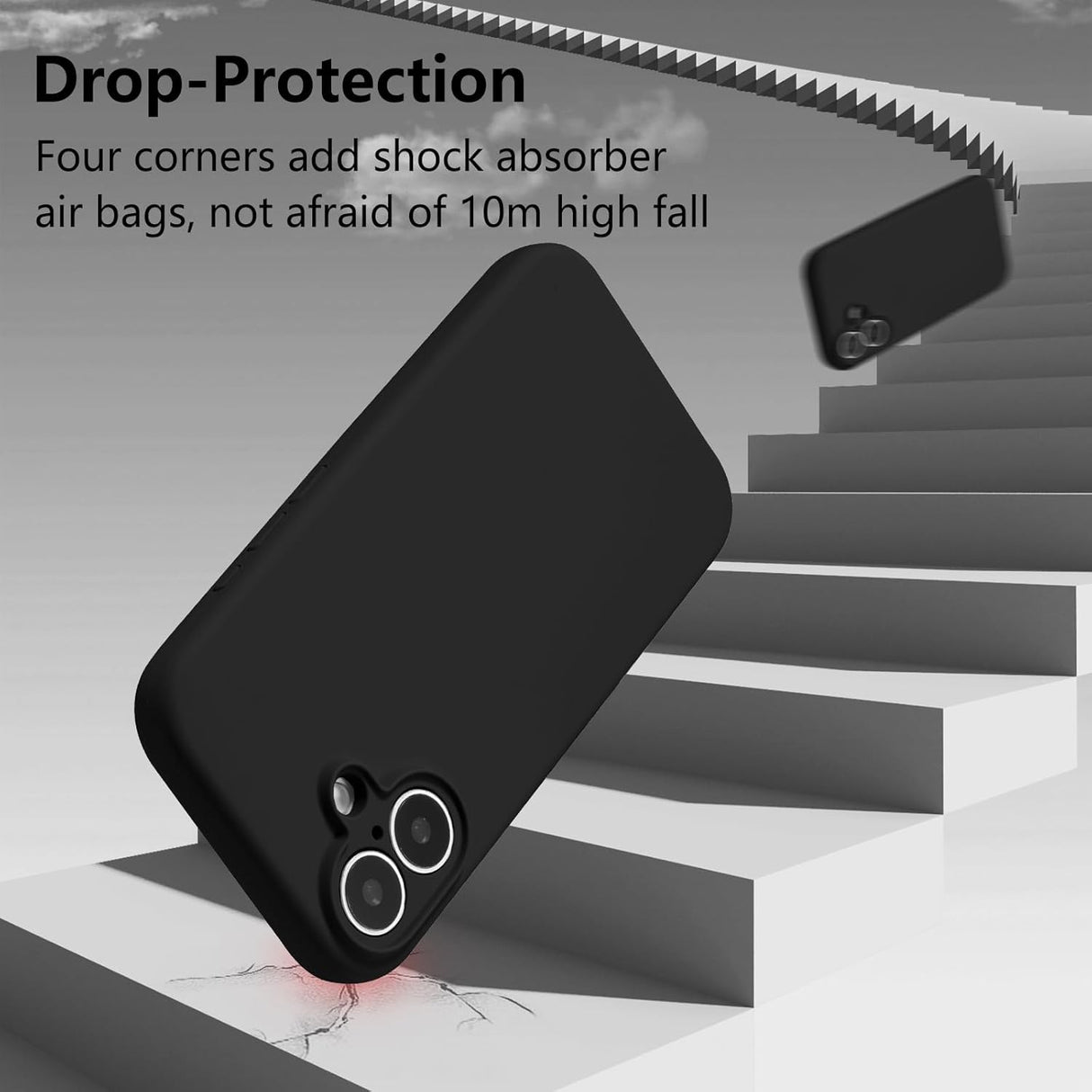 Husă silicon lichid iPhone 16 Plus negru, vedere laterală cu margini ridicate antisoc