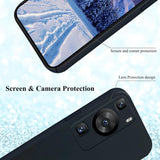 Husă neagră Huawei P60 Pro montată pe telefon, decupaje precise pentru porturi și butoane