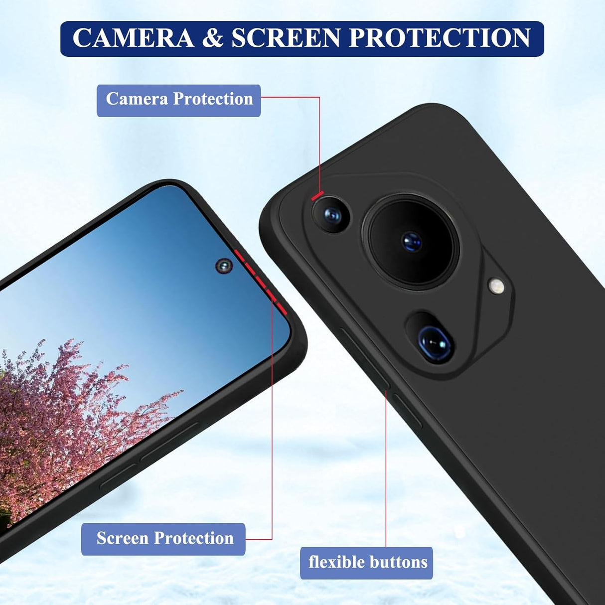 Husă Huawei Pura 70 neagră, detaliu margini ridicate pentru protecția ecranului