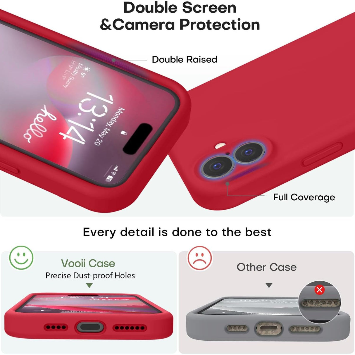 Husă silicon lichid roșu iPhone 16 Plus Vivimall, margini ridicate protecție display