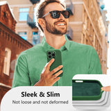 Husă iPhone 16 Pro silicon lichid verde, vedere spate cu decupaj cameră și logo