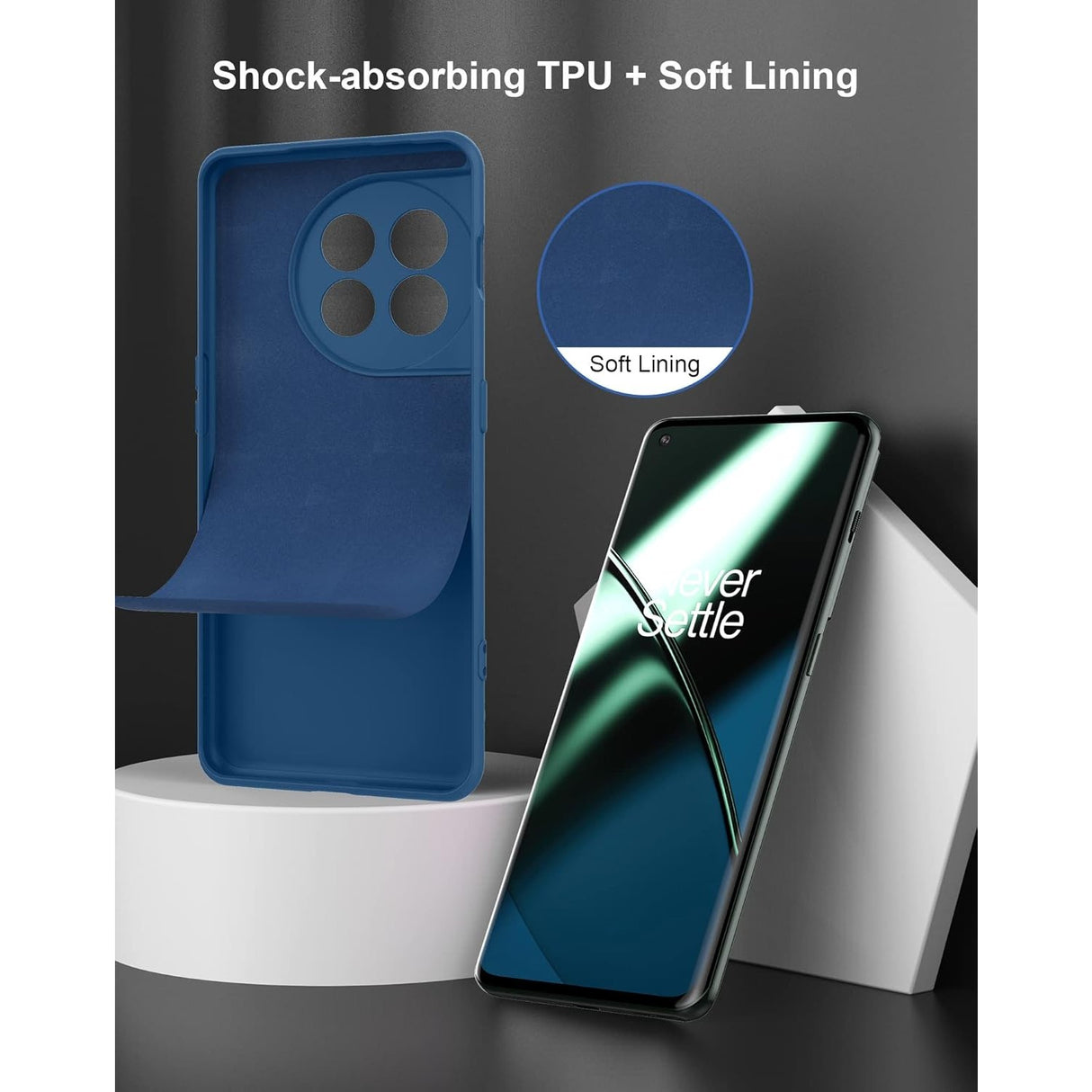 Detaliu margini ridicate husă OnePlus 11 5G silicon albastru, protecție cameră