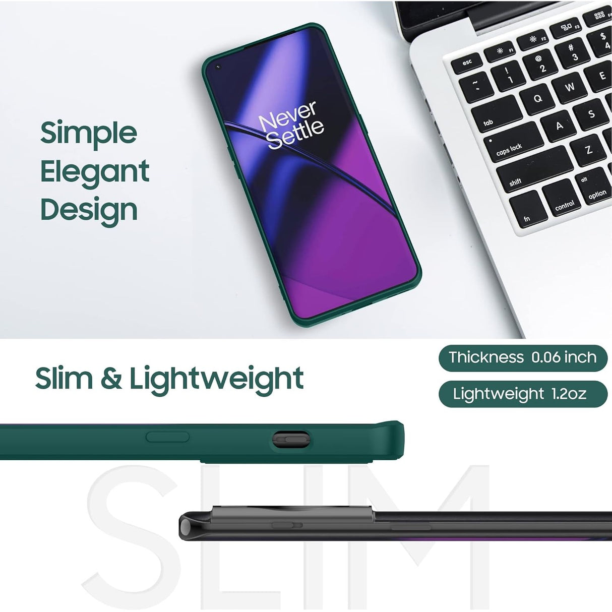 Husă OnePlus 11 5G verde din silicon lichid, unghi lateral care evidențiază grosimea subțire