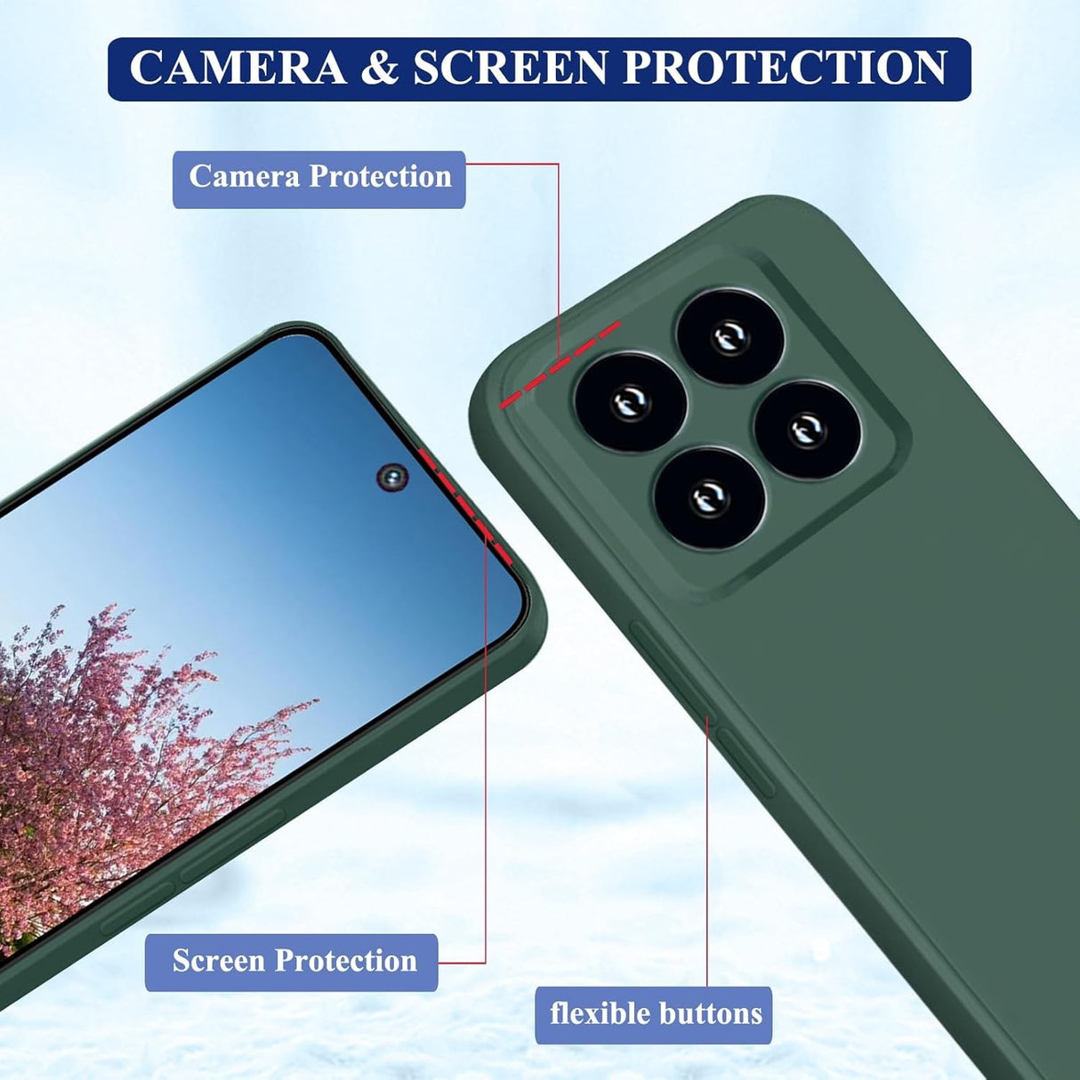Husă protecție Xiaomi 14 verde montată pe telefon, vedere unghi 45 de grade