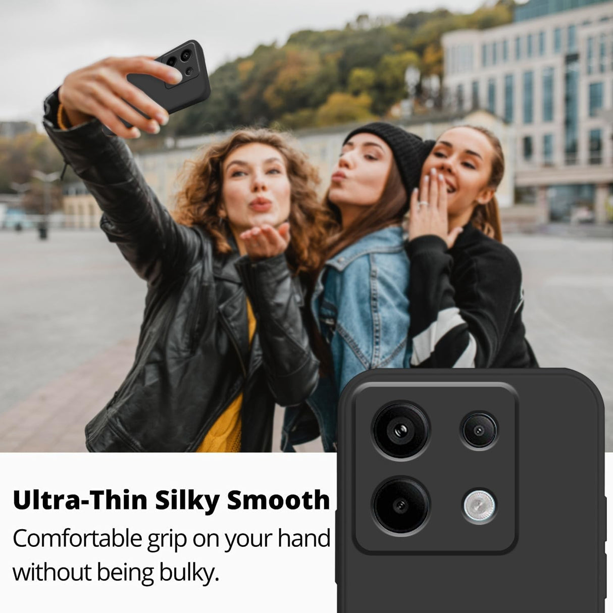 Husă Xiaomi Redmi Note 13 Pro 5G montată pe telefon, vedere lifestyle, culoare negru