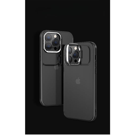 Husa de protectie pentru iPhone 14, cu suport metalic pentru camera, Bracket Series, Vivimall, Protectie Antisoc, PC mat, silicon moale pe margini, Negru - vivimall.ro