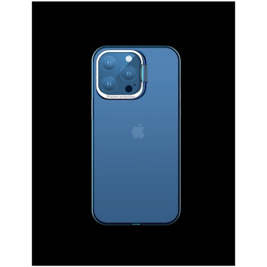 Husa de protectie pentru iPhone 14, cu suport metalic pentru camera, Bracket Series, Vivimall, Protectie Antisoc, PC mat, silicon moale pe margini, Albastru - vivimall.ro