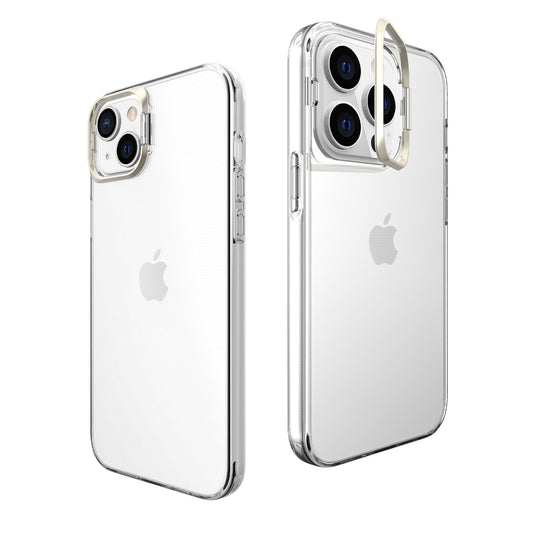 Husa de protectie pentru iPhone 14, cu suport metalic pentru camera, Bracket Series, Vivimall, Protectie Antisoc, PC mat, silicon moale pe margini, Transparent - vivimall.ro