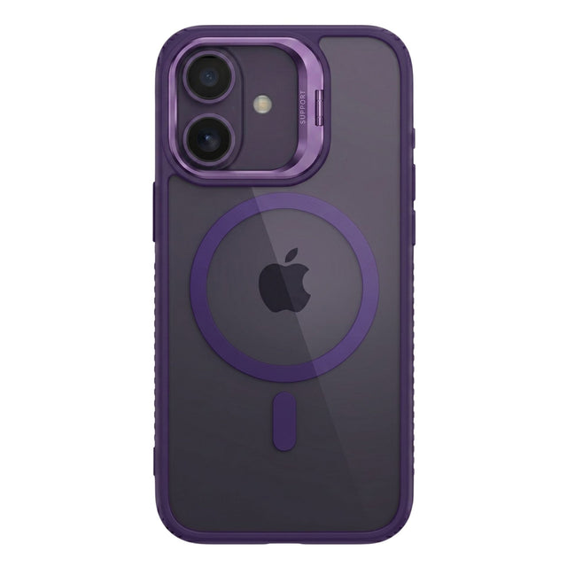 Husă Flippy iPhone 17 MagSafe mov închis, vedere frontală, acril rigid și suport metalic cameră