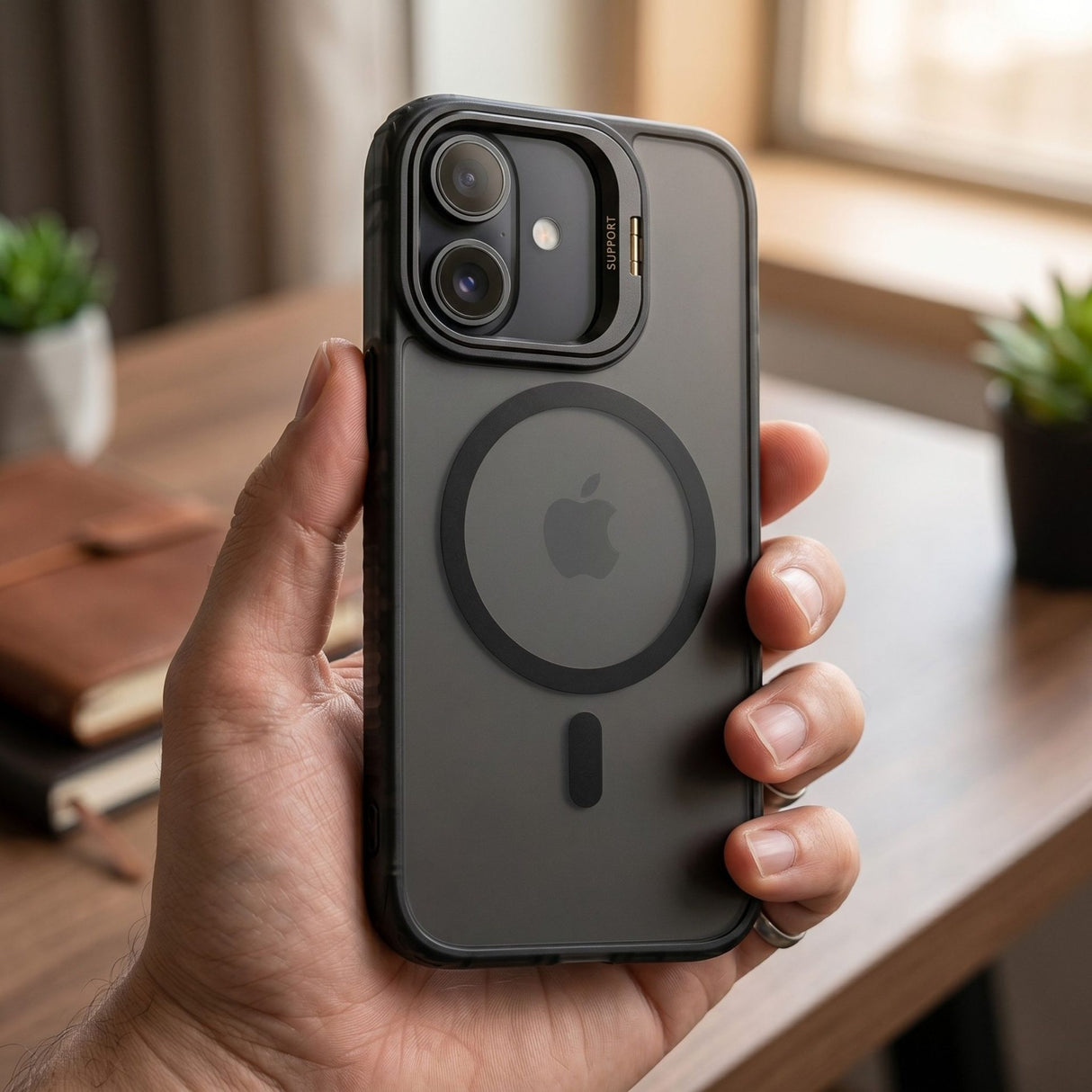 Detaliu suport metalic cameră husă Flippy iPhone 17, ramă industrială anti-șoc, negru