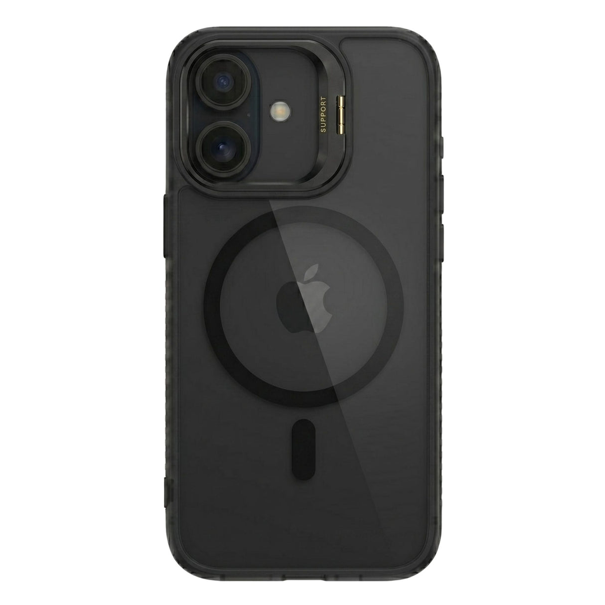 Husă Flippy iPhone 17 MagSafe negru, vedere frontală, acrilic rigid și suport metalic cameră
