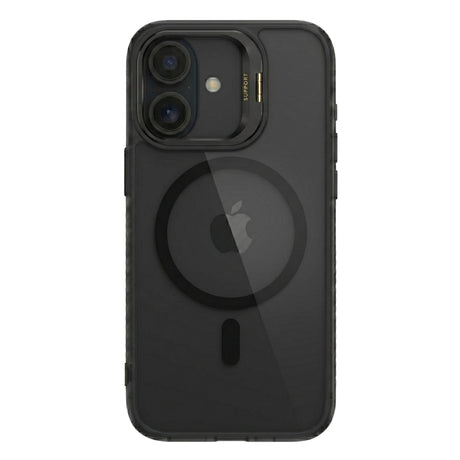 Husă Flippy iPhone 17 MagSafe negru, vedere frontală, acrilic rigid și suport metalic cameră
