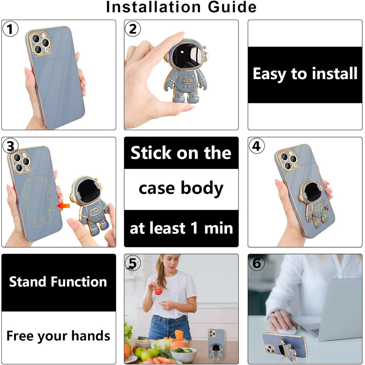 Husă iPhone 14 Pro cu suport integrat deschis, design astronaut albastru, unghi lateral