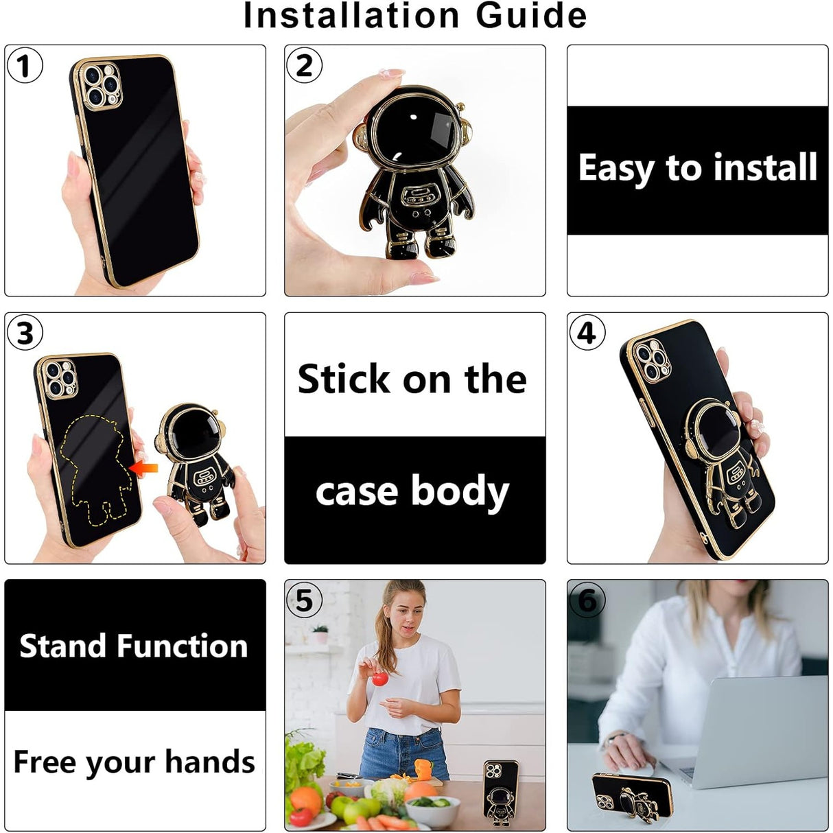 Husă iPhone 14 Pro neagră cu print astronaut, detaliu mecanism suport deschis, unghi lateral