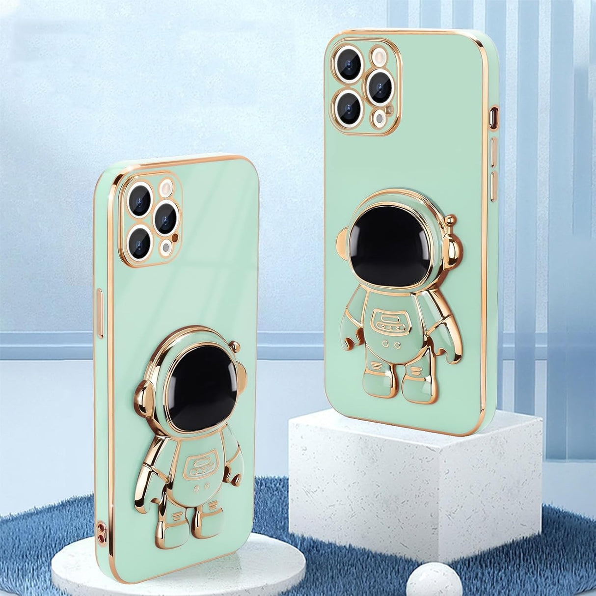 Husă TPU iPhone 14 Pro Max cu astronaut, detaliu protecție cameră și margini înălțate, verde