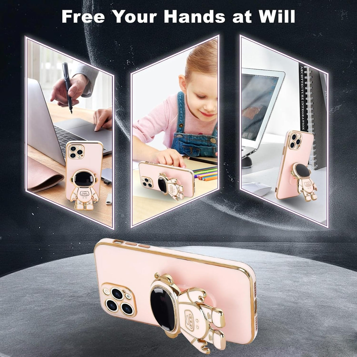 Husa de Protectie TPU 2in1, Vivimall, pentru Apple iPhone 14 Pro Max, Astronaut cu Suport, Antisoc, Rezistenta la Impact, Protectie Camera, Roz - vivimall.ro