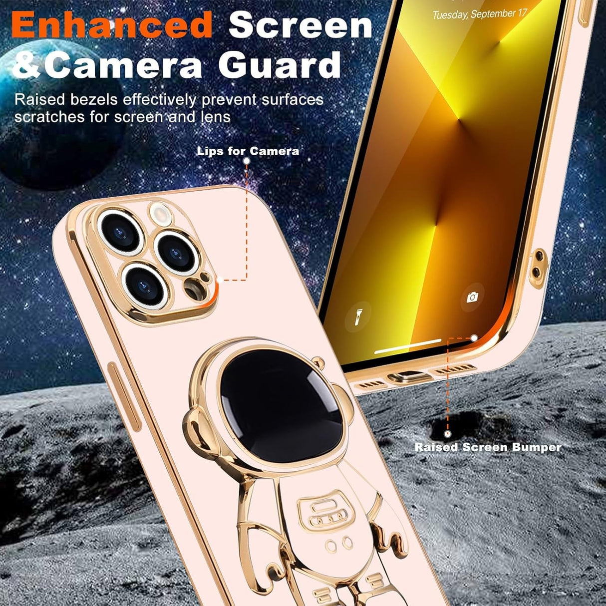 Husa de Protectie TPU 2in1, Vivimall, pentru Apple iPhone 14 Pro Max, Astronaut cu Suport, Antisoc, Rezistenta la Impact, Protectie Camera, Roz - vivimall.ro