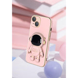 Detaliu print astronaut pe husă TPU 2in1 roz pentru iPhone 15, unghi lateral