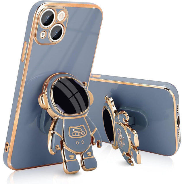 Husă TPU 2in1 albastră pentru Apple iPhone 15, model Astronaut cu suport integrat, vedere frontală
