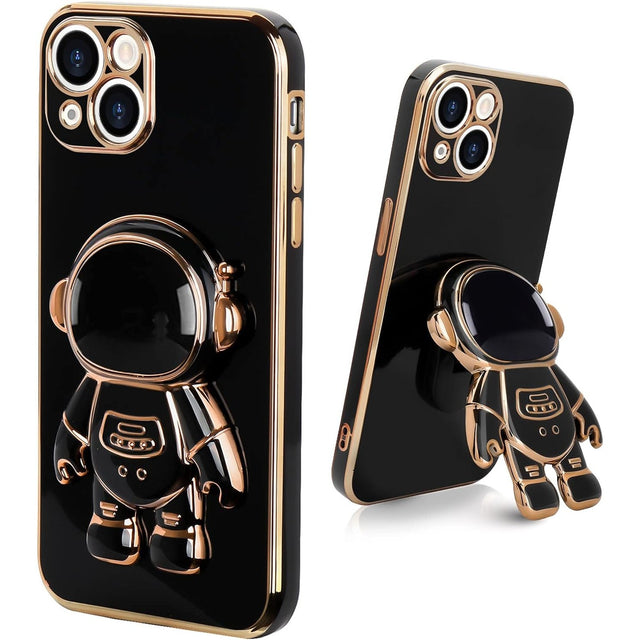 Husă TPU 2in1 iPhone 15 design Astronaut negru, vedere frontală, suport integrat vizibil