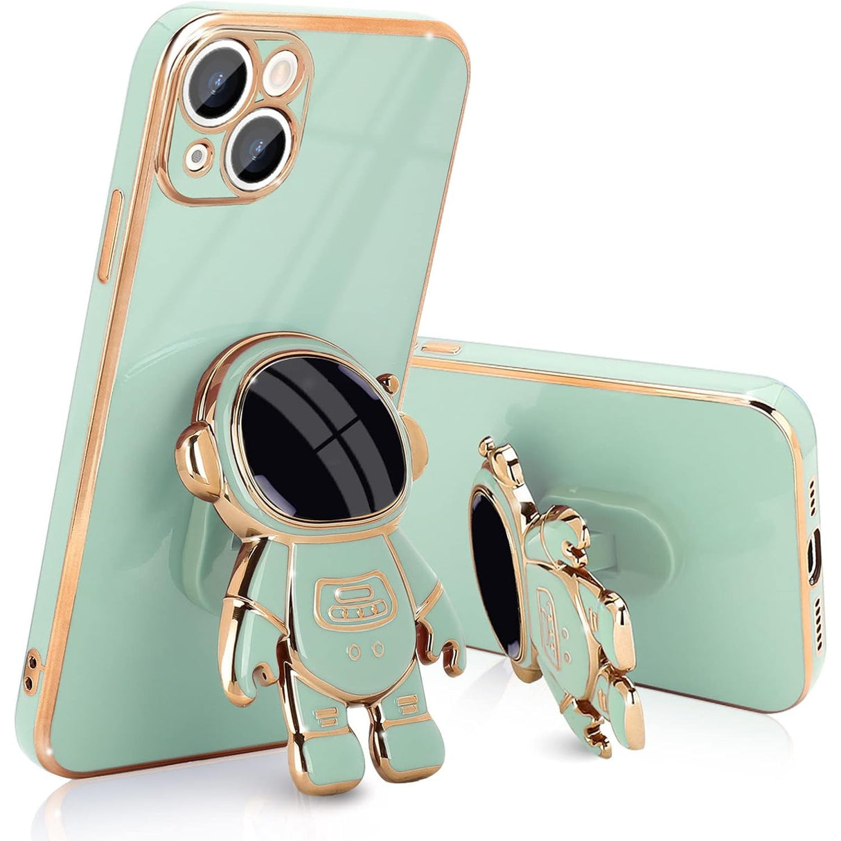 Husă TPU 2in1 verde cu design astronaut pentru iPhone 15 Plus, vedere frontală, suport integrat