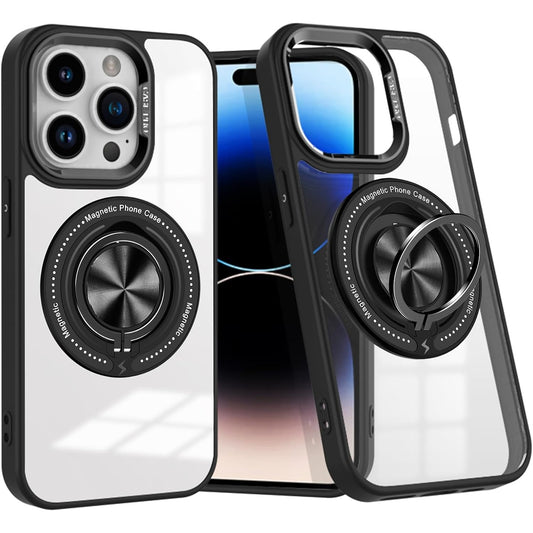 Husa de Protectie TPU, Vivimall, pentru iPhone 16 Pro, Anticadere, cu Incarcare Wireless, Tehnologie Magsafe, Inel Magnetic Rotativ cu Functie de Suport, Transparent-Negru - vivimall.ro