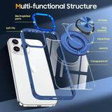 Husă transparentă iPhone 16 Pro aplicată pe telefon, inel rotativ desfășurat ca suport, unghi lateral