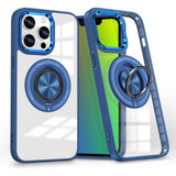 Husă TPU transparentă iPhone 16 Pro cu inel magnetic rotativ MagSafe, albastru închis, vedere frontală