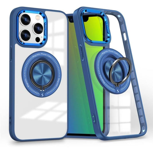 Husa de Protectie TPU, Vivimall, pentru iPhone 16 Pro, cu Incarcare Wireless, Tehnologie Magsafe, Inel Magnetic Rotativ cu Functie de Suport, Transparent-Albastru Inchis - vivimall.ro