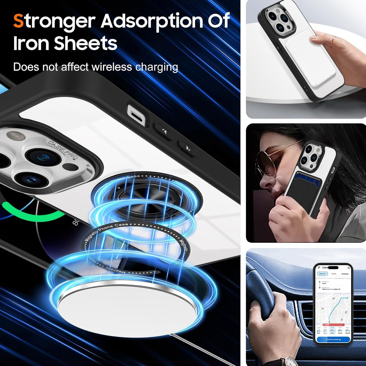 Vedere spate husă transparentă iPhone 16 Pro Max, decupaj cameră precis, inel magnetic negru centrat