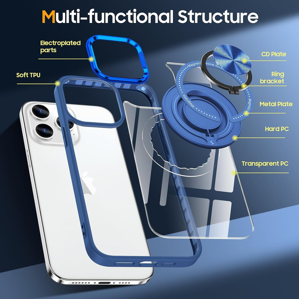 Husă transparentă iPhone 16 Pro Max cu suport integrat, inel rotativ în poziție de stand