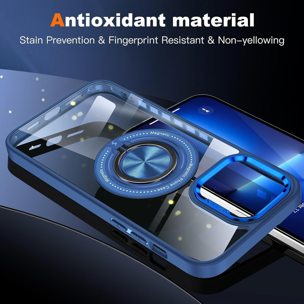 Husă TPU transparentă albastru închis iPhone 16 Pro Max, vedere spate cu inel rotativ