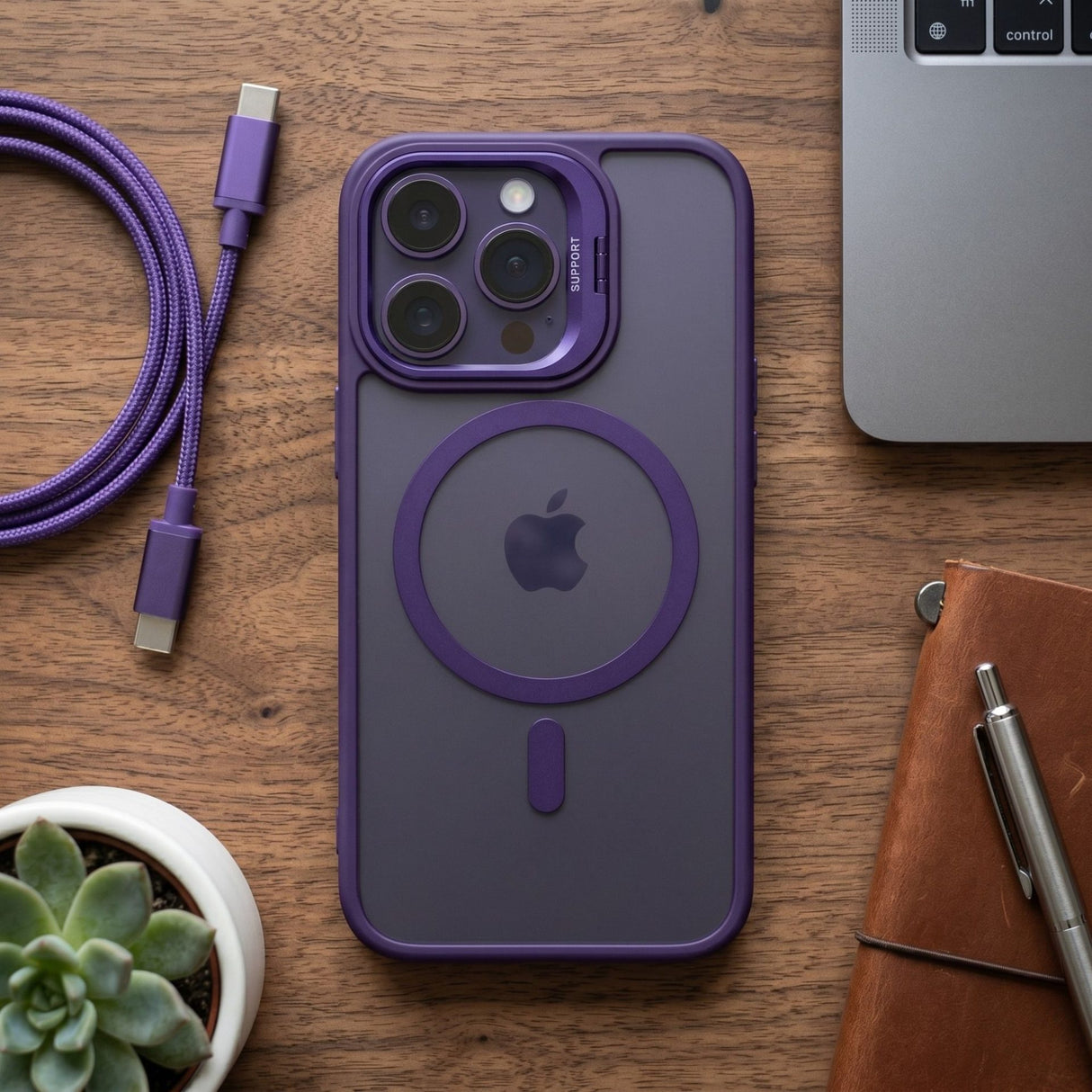 Husă Flippy mov închis montată pe iPhone 17 Pro Max, profil slim, textură anti-alunecare margini
