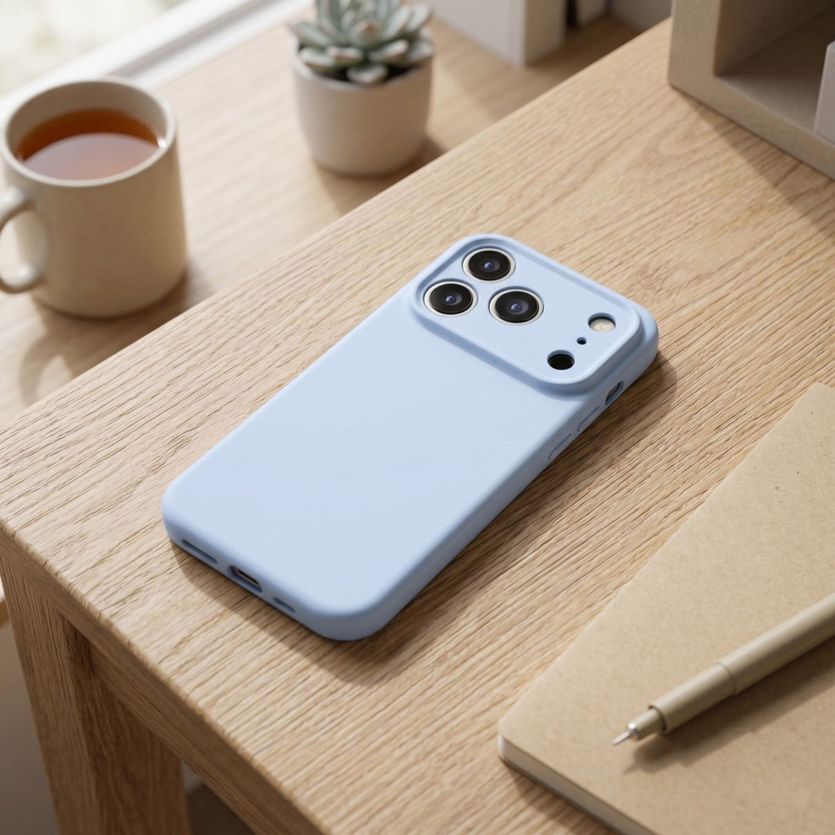 Husă iPhone 17 Pro Flippy albastru, detaliu decupaj cameră cu margini ridicate
