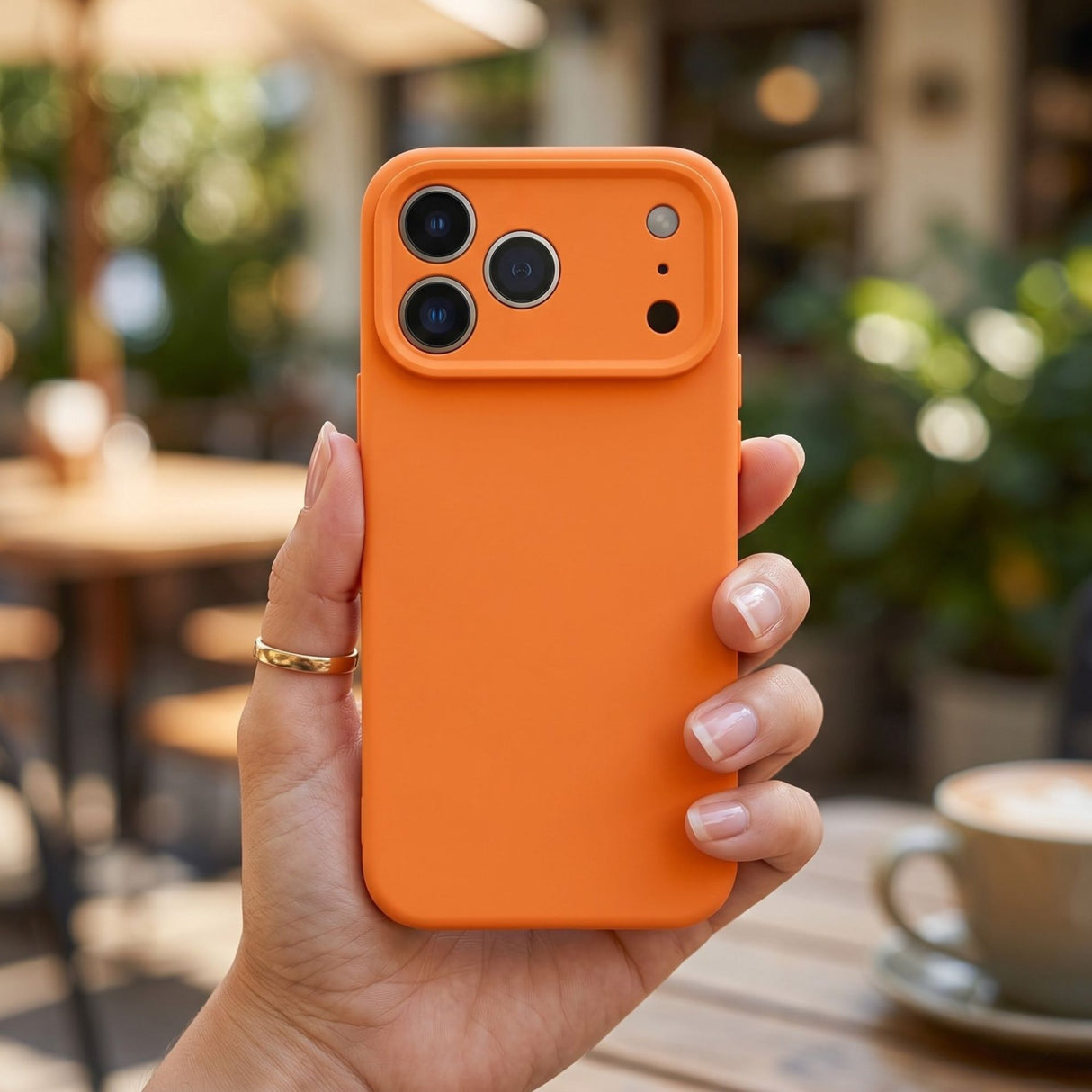 Husă Flippy iPhone 17 Pro Max portocaliu, detaliu margini ridicate protecție cameră