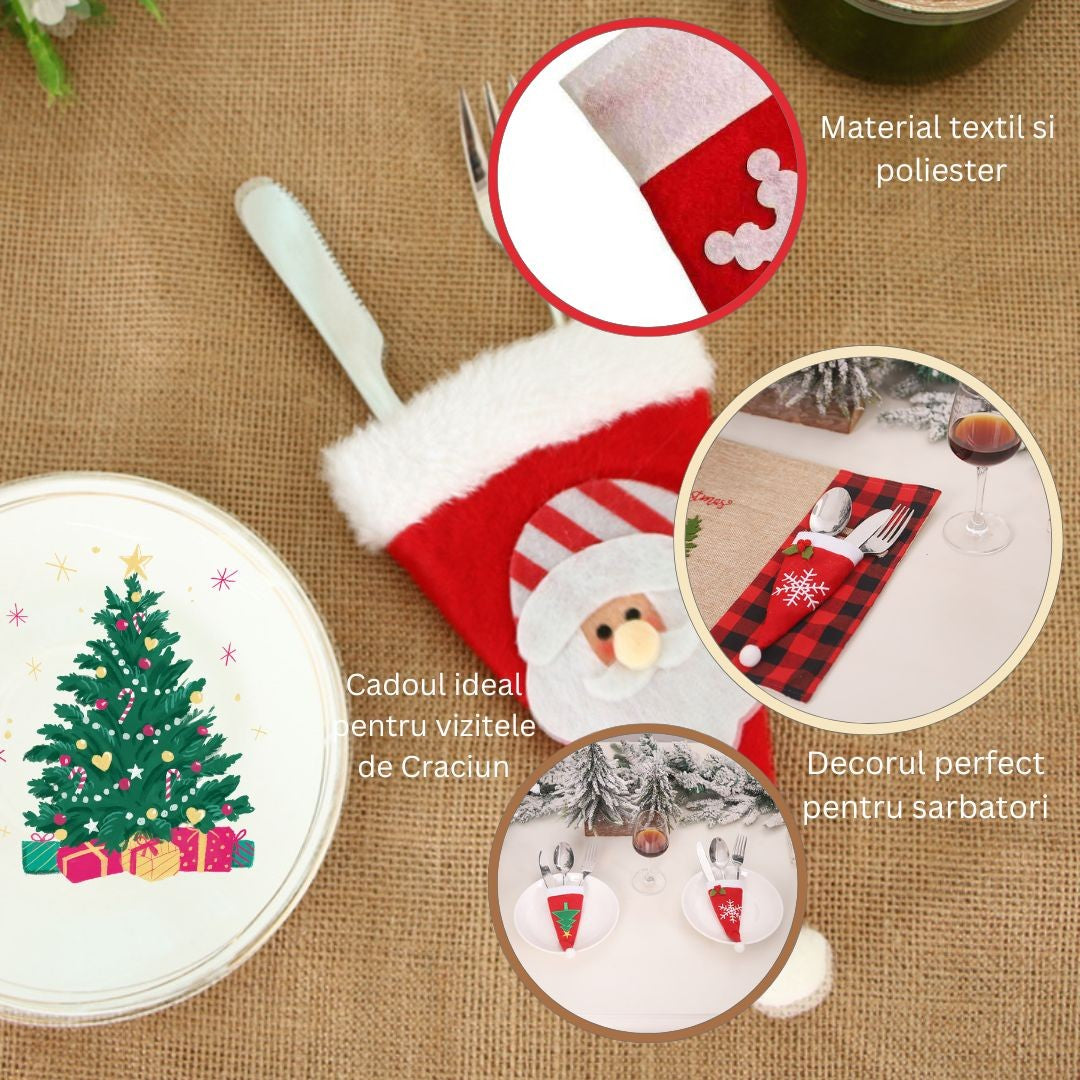 Husa decorativa festiva pentru 3 tacamuri Flippy, model caciulita cu Mos Craciun, material textil si poliester, 19 x 10 cm, rosu - vivimall.ro