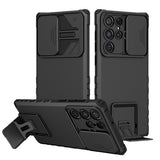 Husă Samsung Galaxy S24 FE Defender, capac glisant protecție cameră, detaliu spate negru