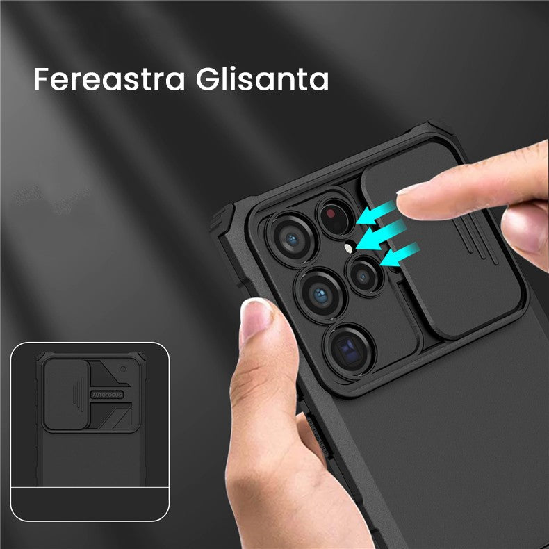 Husă Defender neagră Samsung Galaxy S24 FE, textură anti-alunecare, detaliu mâner ergonomic
