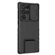 Husă Defender neagră cu stand pentru Samsung Galaxy S24 FE, vedere frontală, plastic dur și silicon TPU