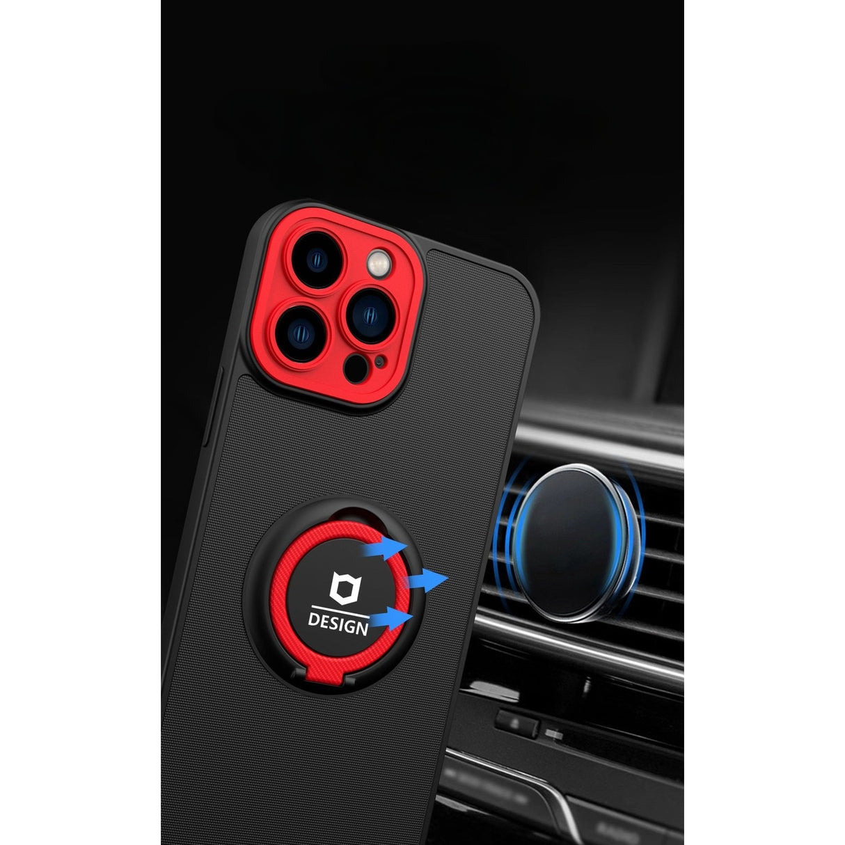 Husa de protectie Eagle eye pentru Apple iPhone 14 Pro, Rezistenta la socuri, Protectie camera, Cu inel de prindere magnetic rosu, Flippy, Negru - vivimall.ro