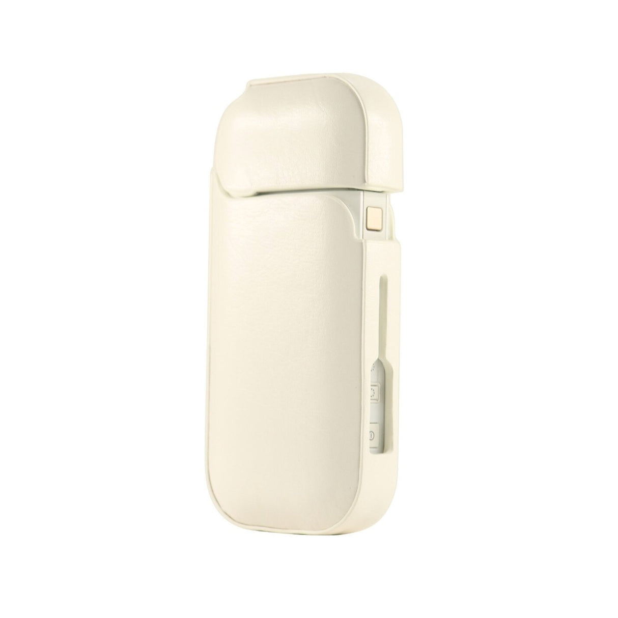 Husă IQOS 2.4 Plus albă montată pe dispozitiv, protecție completă anti-șoc, vedere laterală
