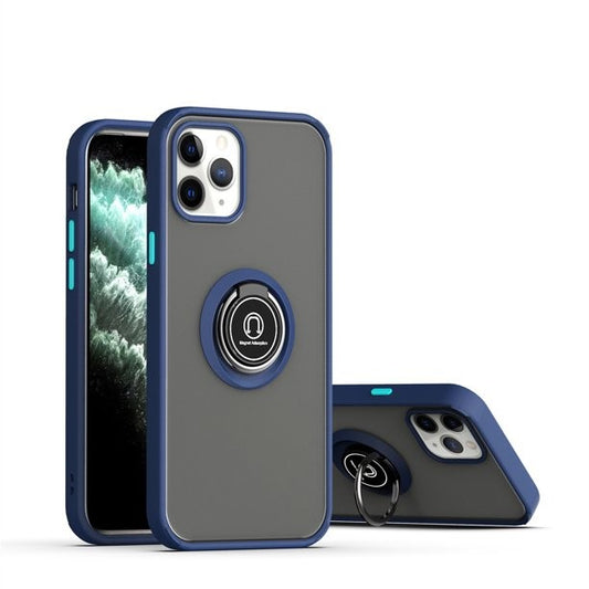 Husa Anti Fall Metal Bracket pentru Apple iPhone 14, Rezistenta la socuri, Margini colorate, Cu inel de prindere magnetic, Vivimall, Albastru - vivimall.ro